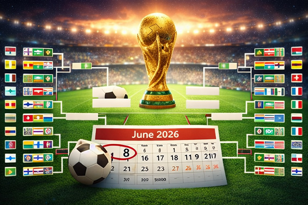 Thể thức thi đấu World Cup 2026 với 48 đội tham gia và vòng đấu loại trực tiếp được hiển thị bên trong một sân vận động bóng đá.