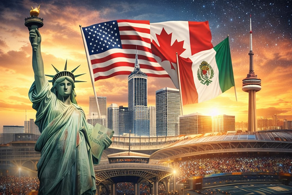 Các quốc gia đăng cai World Cup 2026 – Hoa Kỳ, Canada và Mexico – với những địa danh nổi tiếng và sân vận động chật kín khán giả.